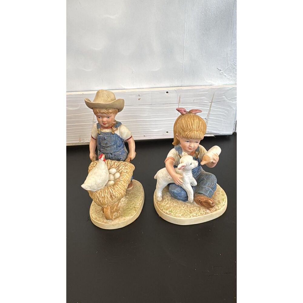 2 Homco Denim Days #1500 1985 Girls Feeding Lamb, Boy With Chicken Ceramic